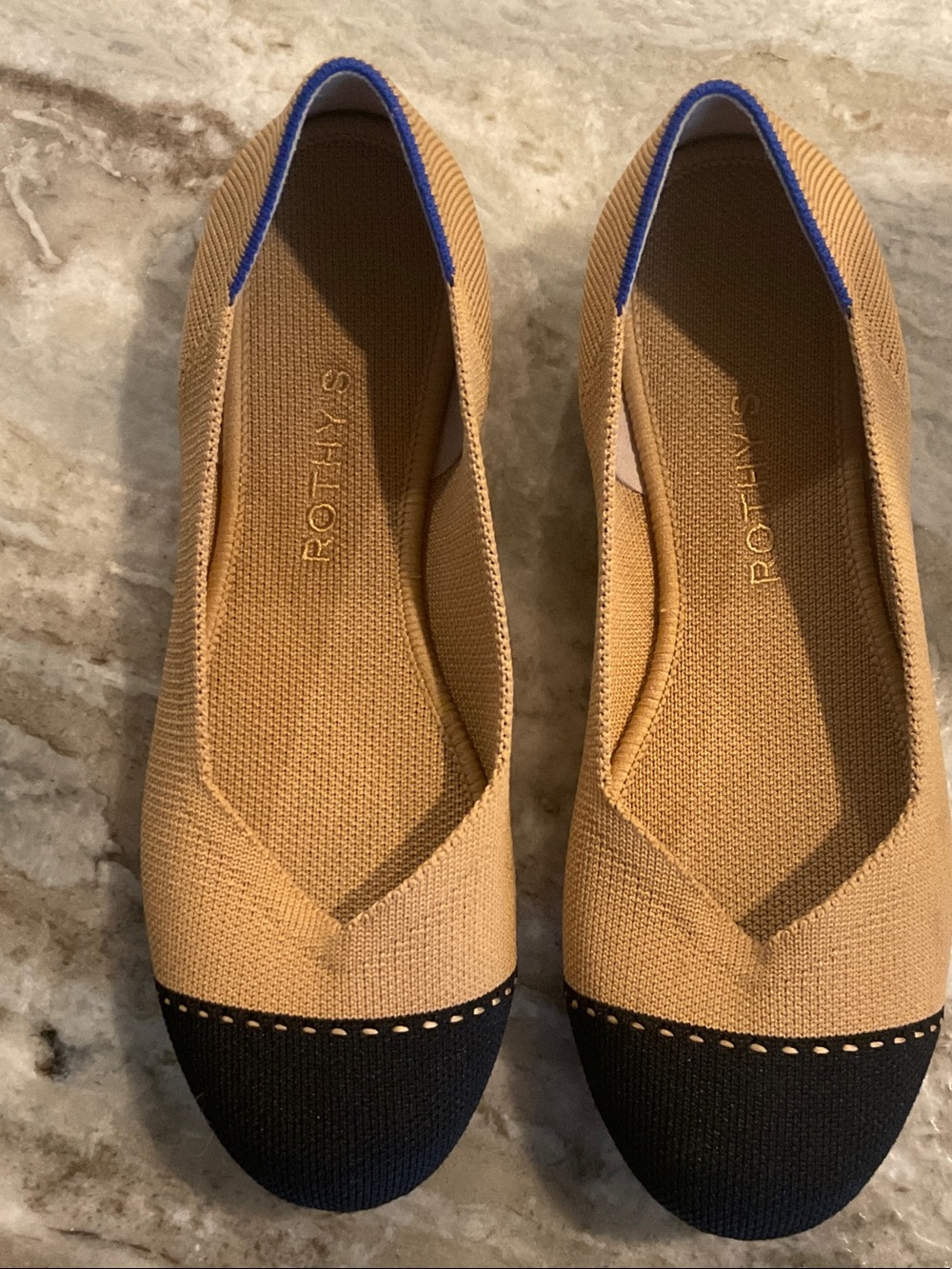 Rothy's Women's Camel Knit Flats with Black Cap Toe